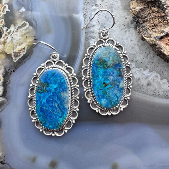 Jewelry - Sterling Silver Southwestern Style Oval Shattuckite Dangle Earrings For Women #1